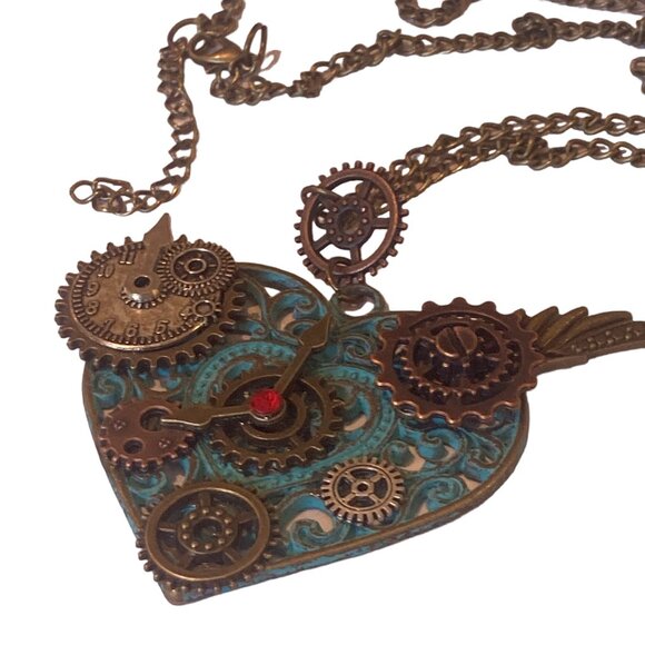 Steam Punk Turquoise Blue Heart Necklace With Gears and Bronze Chain - Picture 3 of 3